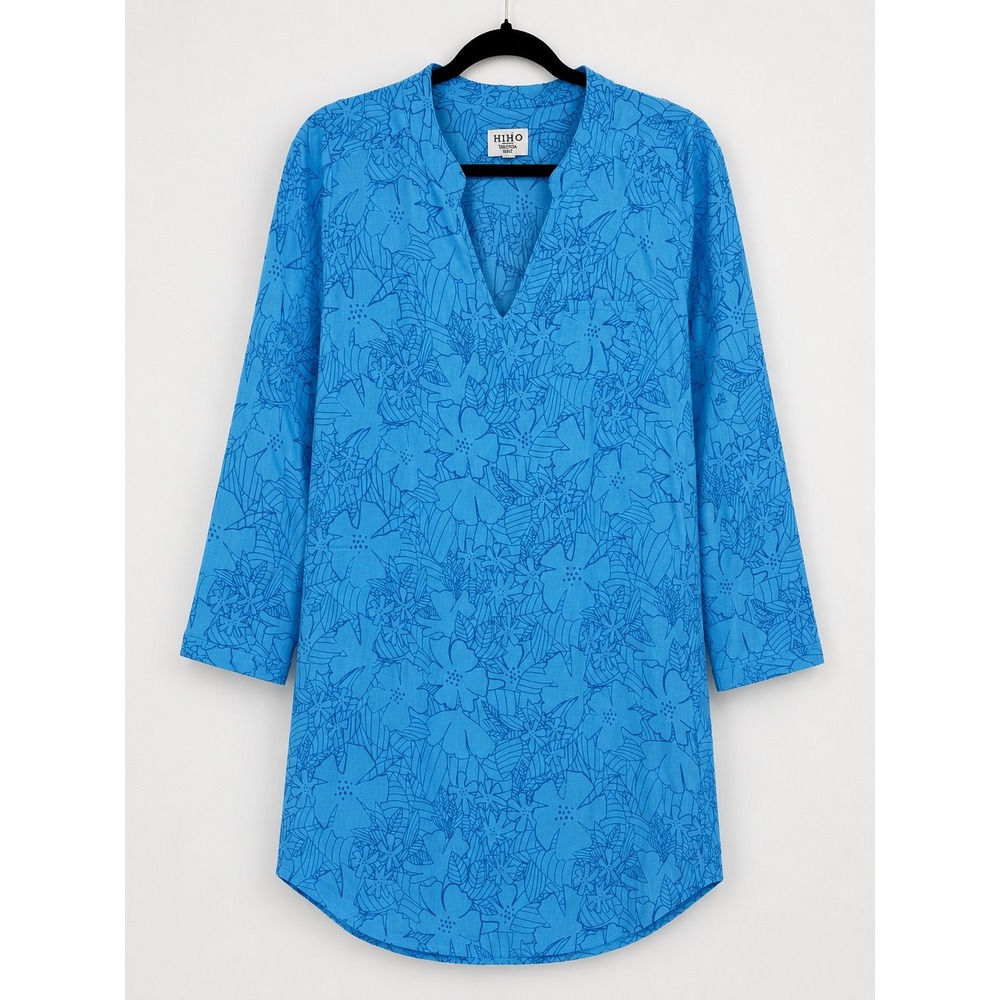 HIHO Linen Tunic Women XS Blue Floral Tropical Coastal Beachy Resortwear